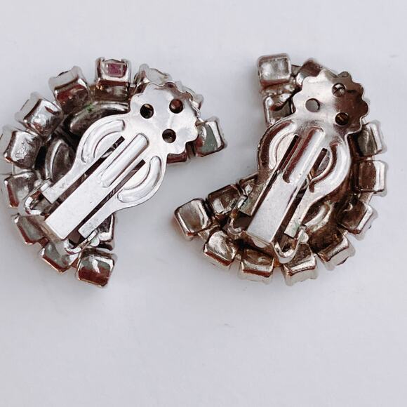 VTG Mid Century Clip On Earrings Rhinestone Crescent Silver Tone 1950s 1960s - Picture 9 of 12